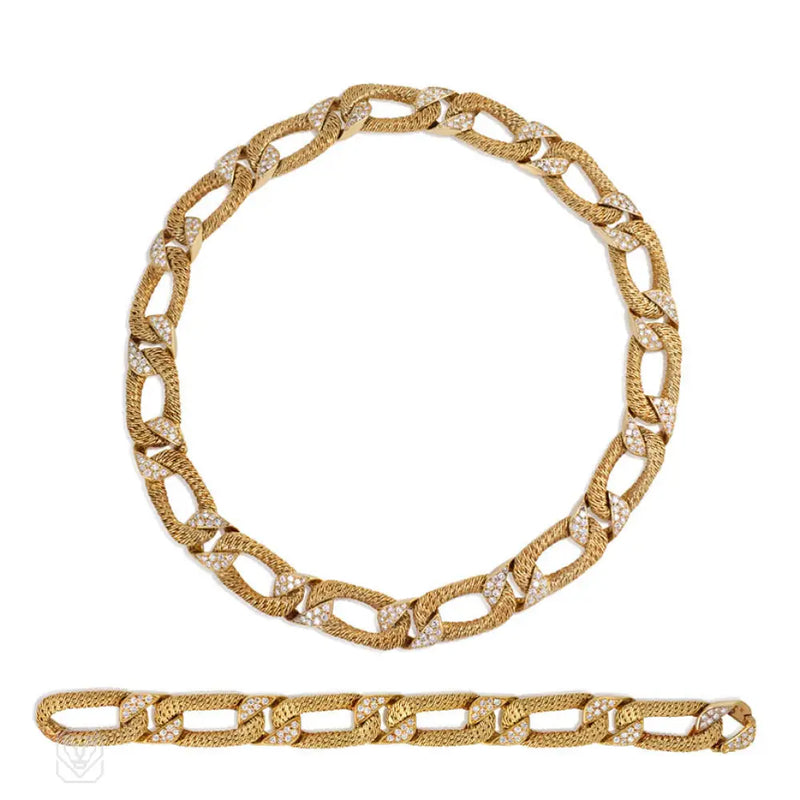 Georges L’enfant For Fred Paris Textured Gold And Diamond Curblink Necklace/Bracelet France