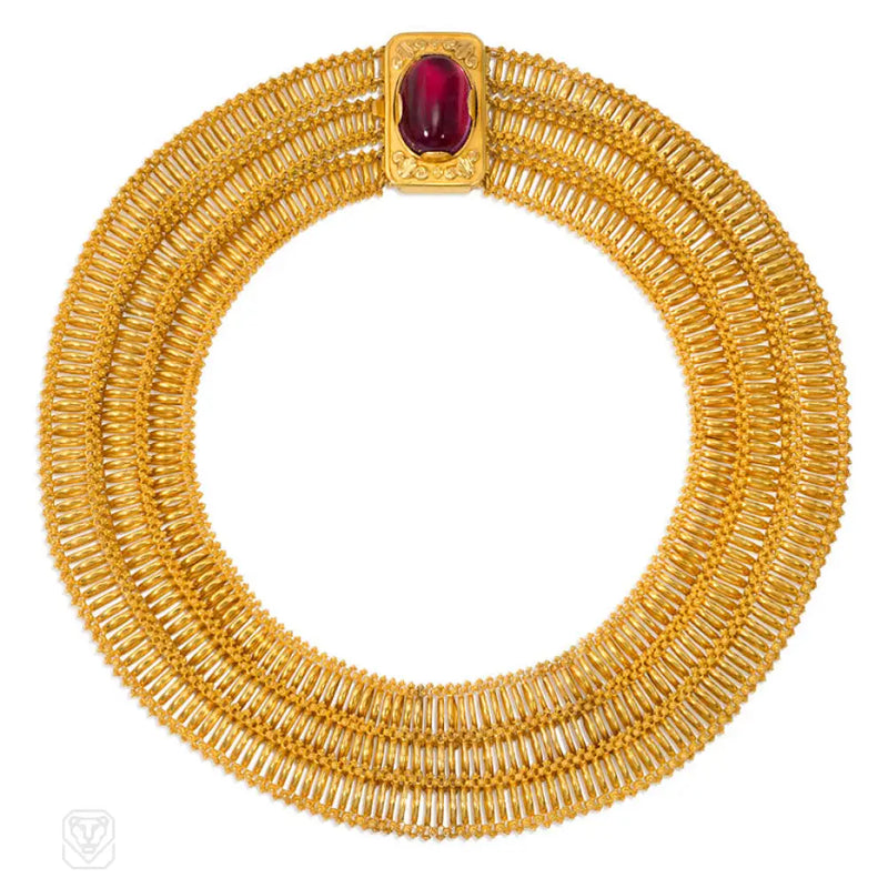 Georgian Gold Three - Row Necklace With Garnet Clasp