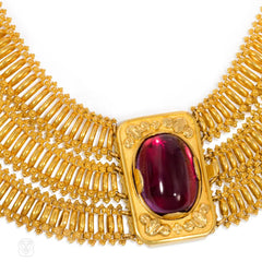 Georgian gold three-row necklace with garnet clasp