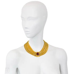 Georgian gold three-row necklace with garnet clasp