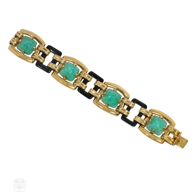 Ghiso Art Deco Amazonite Onyx And Gold Bracelet