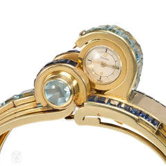 Ghiso Retro gold, aquamarine, and sapphire bracelet watch