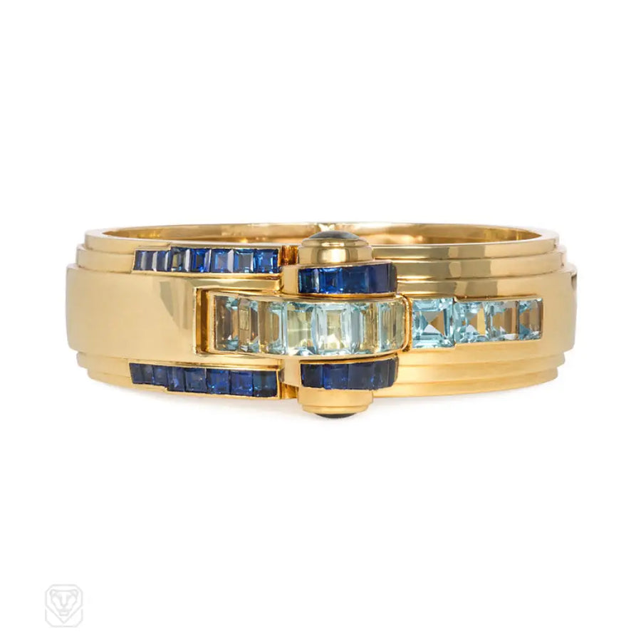 Ghiso Retro Gold Aquamarine And Sapphire Bracelet Watch