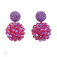 Glass and crystal beaded ball earrings in violet and pink