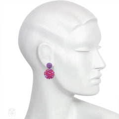 Glass and crystal beaded ball earrings in violet and pink