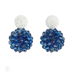Glass and crystal beaded ball earrings in white and satin blue