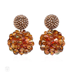 Glass and crystal beaded earrings in dark peach and copper tones