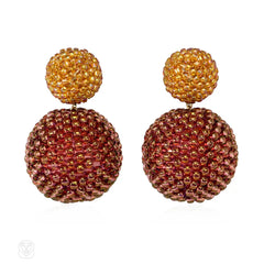 Glass beaded ball earrings in amber and plum luster