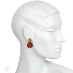Glass beaded ball earrings in amber and plum luster