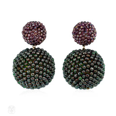 Glass beaded ball earrings in light plum and green-red