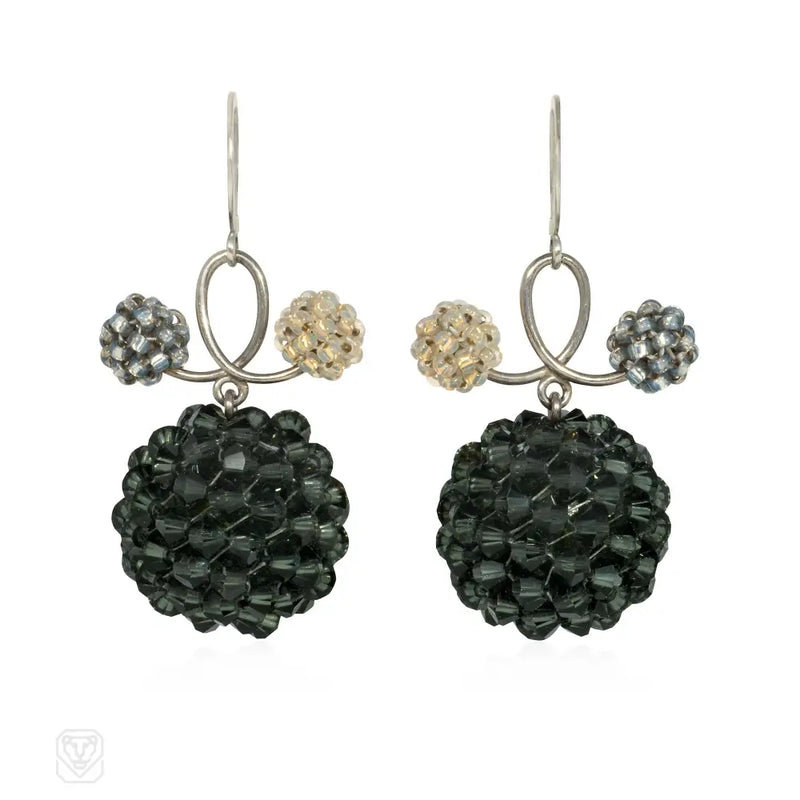 Glass Crystal And White Gold Beaded Ball Earrings With Loop Design