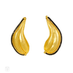 Gold and black diamond leaf form earrings, Sara Bacsh