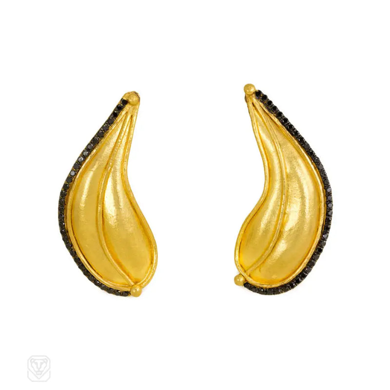 Gold And Black Diamond Leaf Form Earrings Sara Bacsh