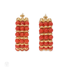 Gold and coral bead hoop earrings, Italy