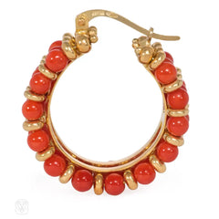 Gold and coral bead hoop earrings, Italy