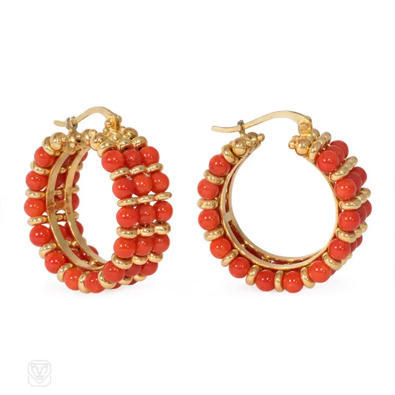 Gold And Coral Bead Hoop Earrings Italy