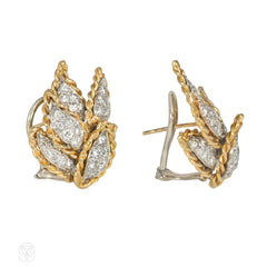 Gold and diamond earrings of overlapping leaf design