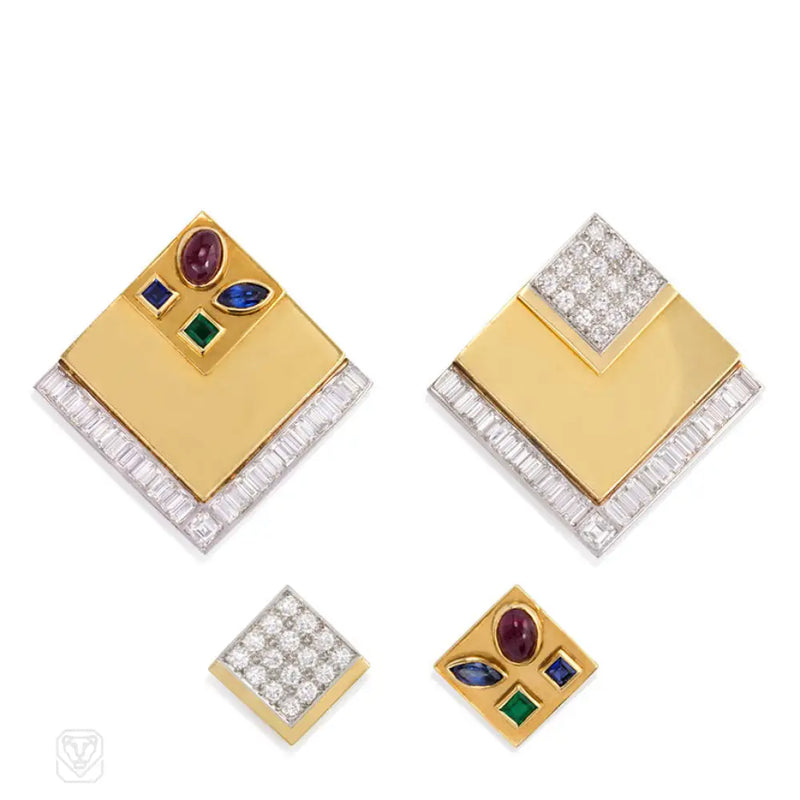 Gold And Diamond Earrings With Interchangeable Square Inset