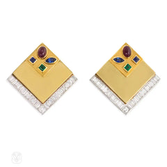 Gold and diamond earrings with interchangeable square inset