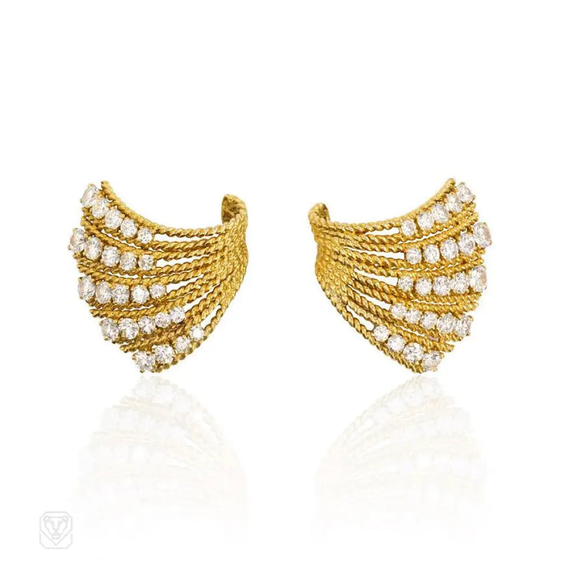 Gold And Diamond Fan - Shaped Clip Earrings Van Cleef Arpels
