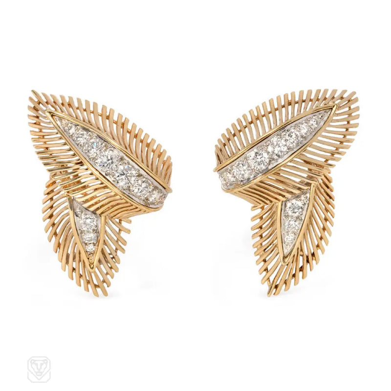 Gold And Diamond Leaf Earrings/Dress Clips