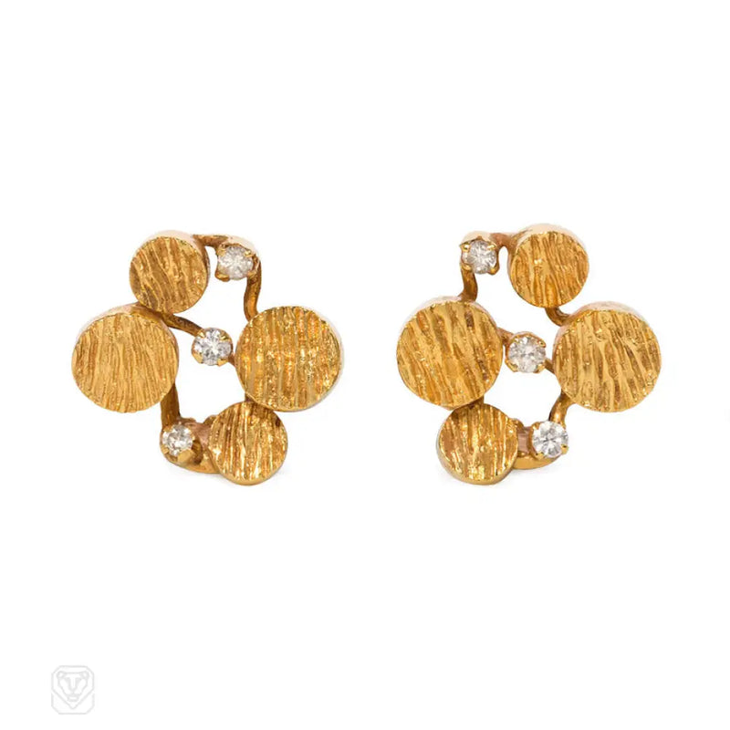 Gold And Diamond Mid - Century Earrings