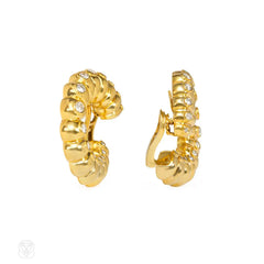 Gold and diamond ribbed hoop earrings
