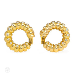 Gold and diamond ribbed hoop earrings