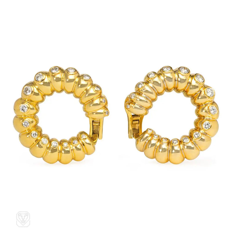 Gold And Diamond Ribbed Hoop Earrings