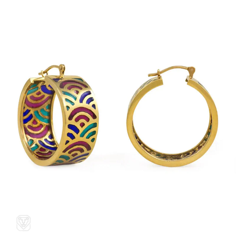 Gold And Multi - Colored Enamel Hoop Earrings