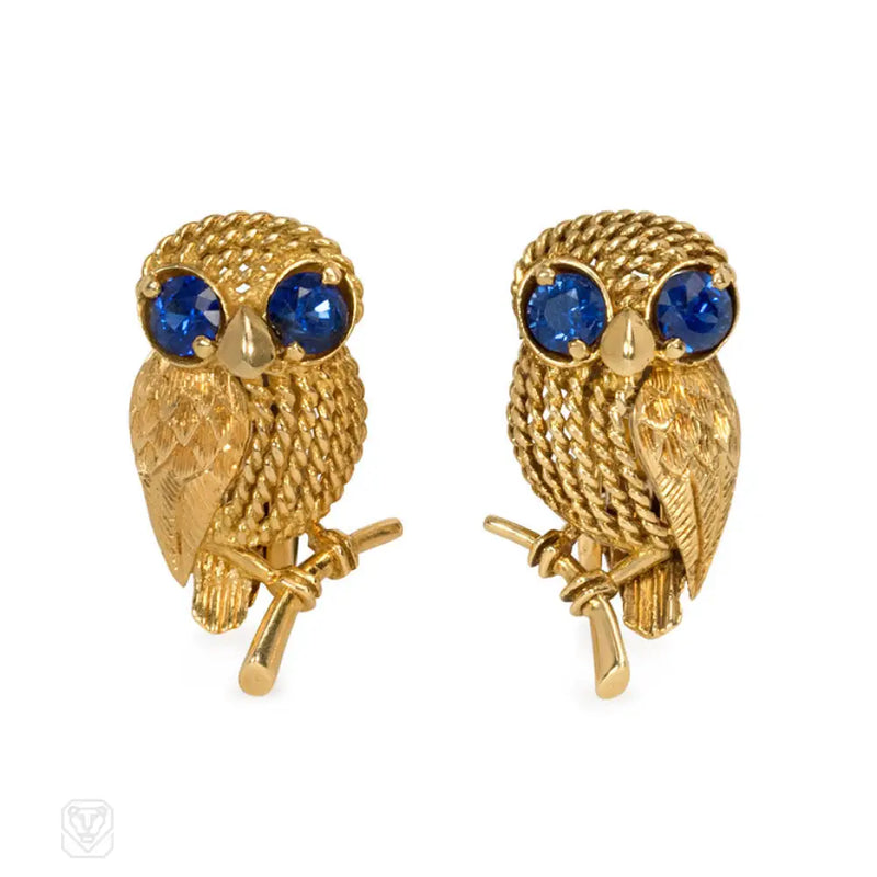 Gold And Sapphire Owl Earrings Cartier