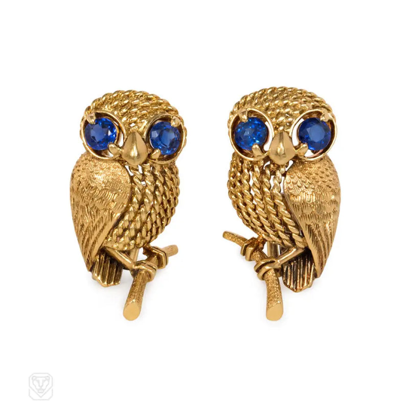 Gold And Sapphire Owl Earrings Cartier