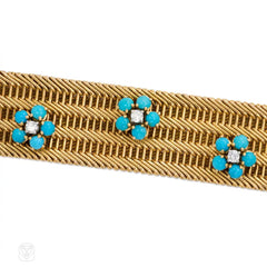 Gold bracelet with turquoise and diamond flower clusters