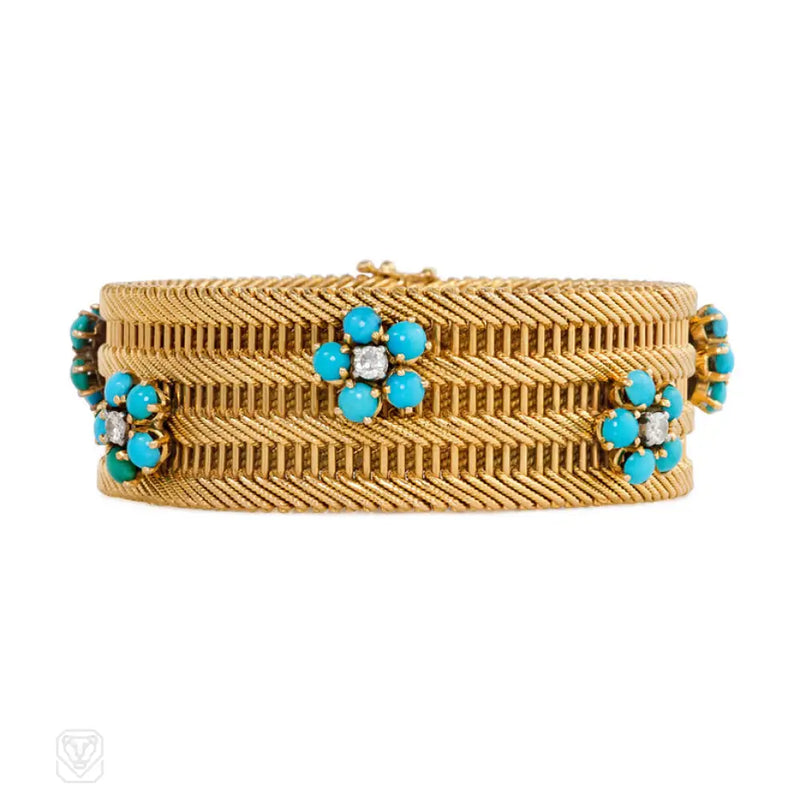 Gold Bracelet With Turquoise And Diamond Flower Clusters