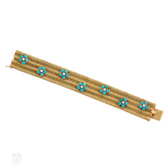 Gold bracelet with turquoise and diamond flower clusters