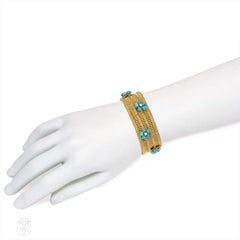 Gold bracelet with turquoise and diamond flower clusters