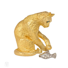 Gold cat and diamond fish brooch, Tiffany & Co.