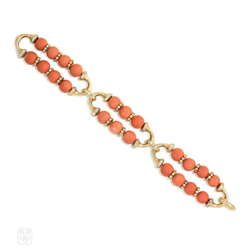 Gold Coral Bead And Diamond Bracelet
