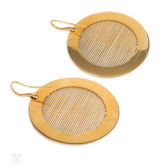 Gold disk pendant earrings, Enigma