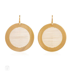 Gold disk pendant earrings, Enigma