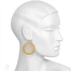 Gold disk pendant earrings, Enigma