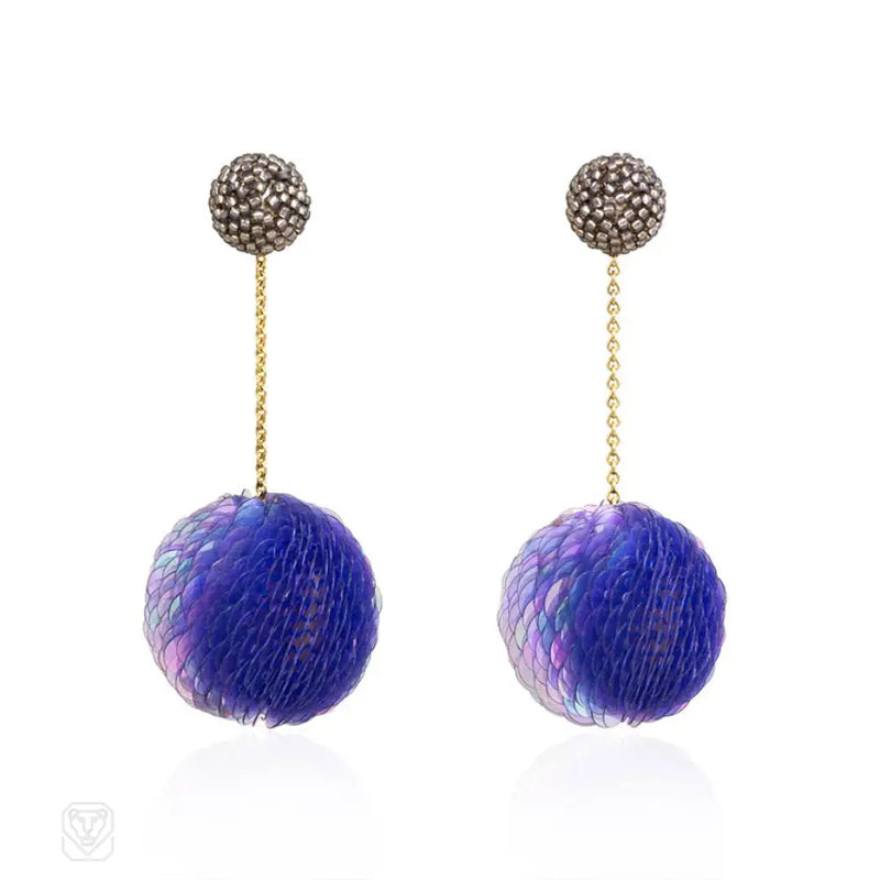 Gold Glass Bead And Lavender Sequined Earrings