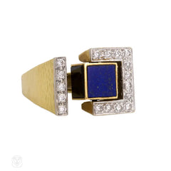 Gold kinetic ring set with diamonds, onyx, lapis, and tiger eye