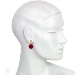 Gold leaf and pink-red crystal bead earrings