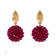 Gold leaf and pink-red crystal bead earrings