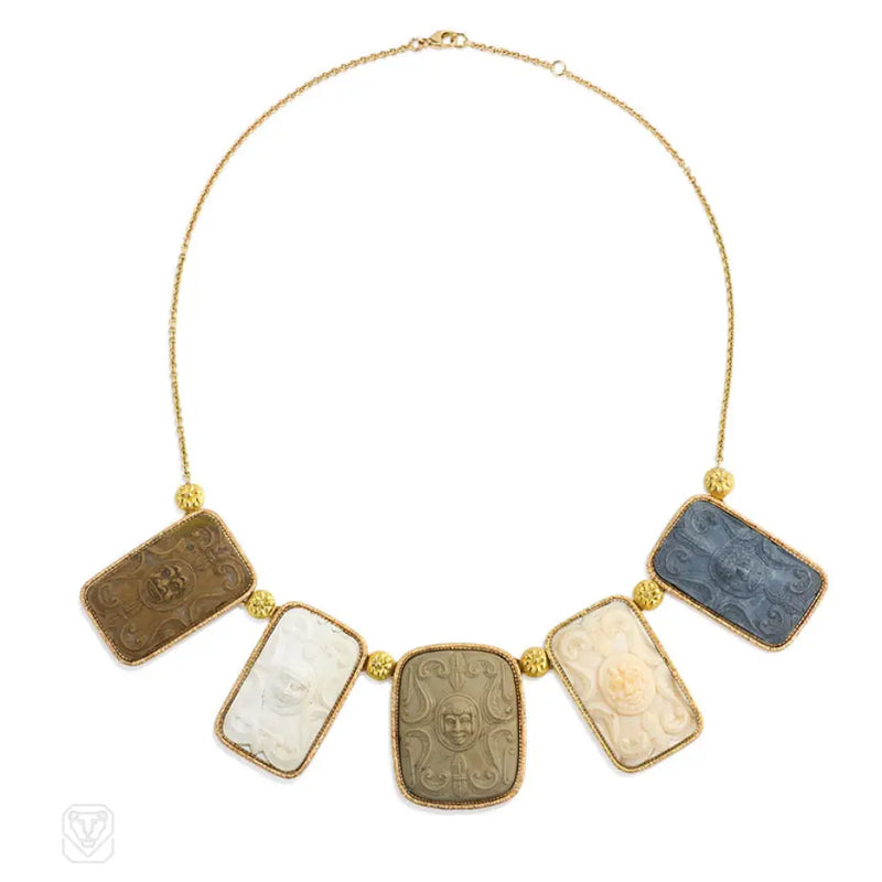 Gold Necklace With Antique Lava Cameos