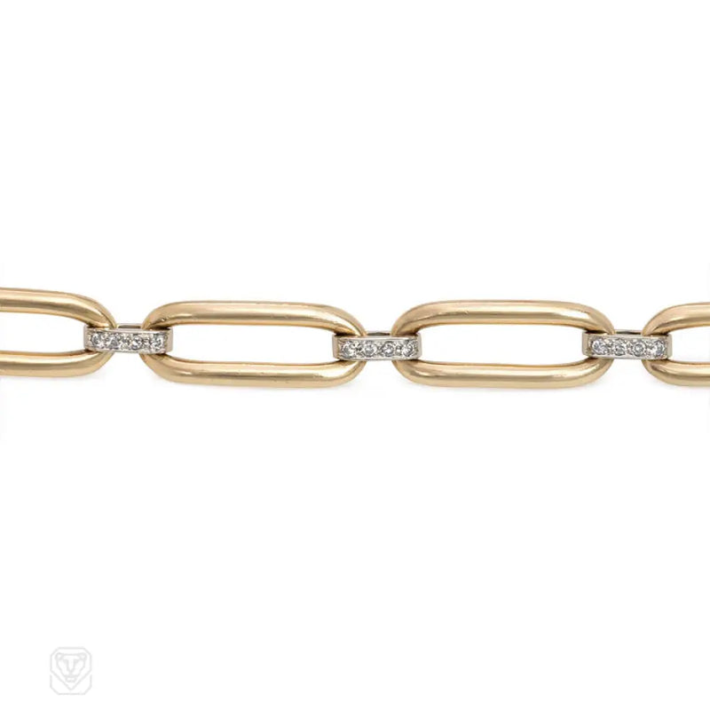 Gold Oblong Link And Diamond Bracelet