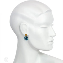Gold-plated glass and steel blue crystal beaded earrings