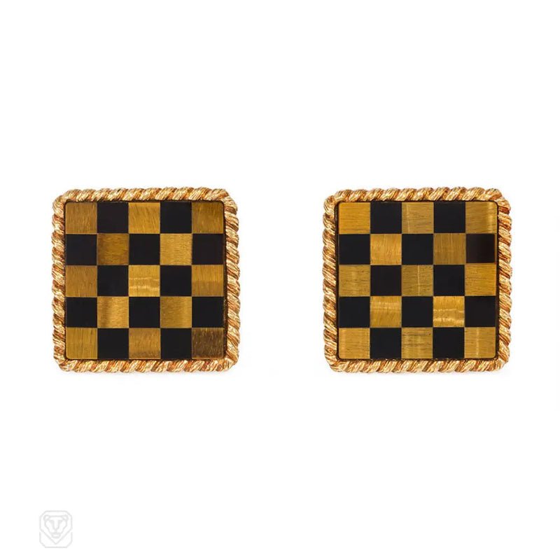 Gold Tiger Eye And Onyx Checkerboard Cufflinks