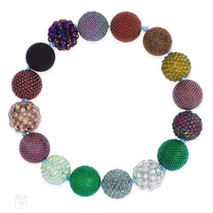 Green, plum luster, bronze and purple glass and crystal beaded necklace